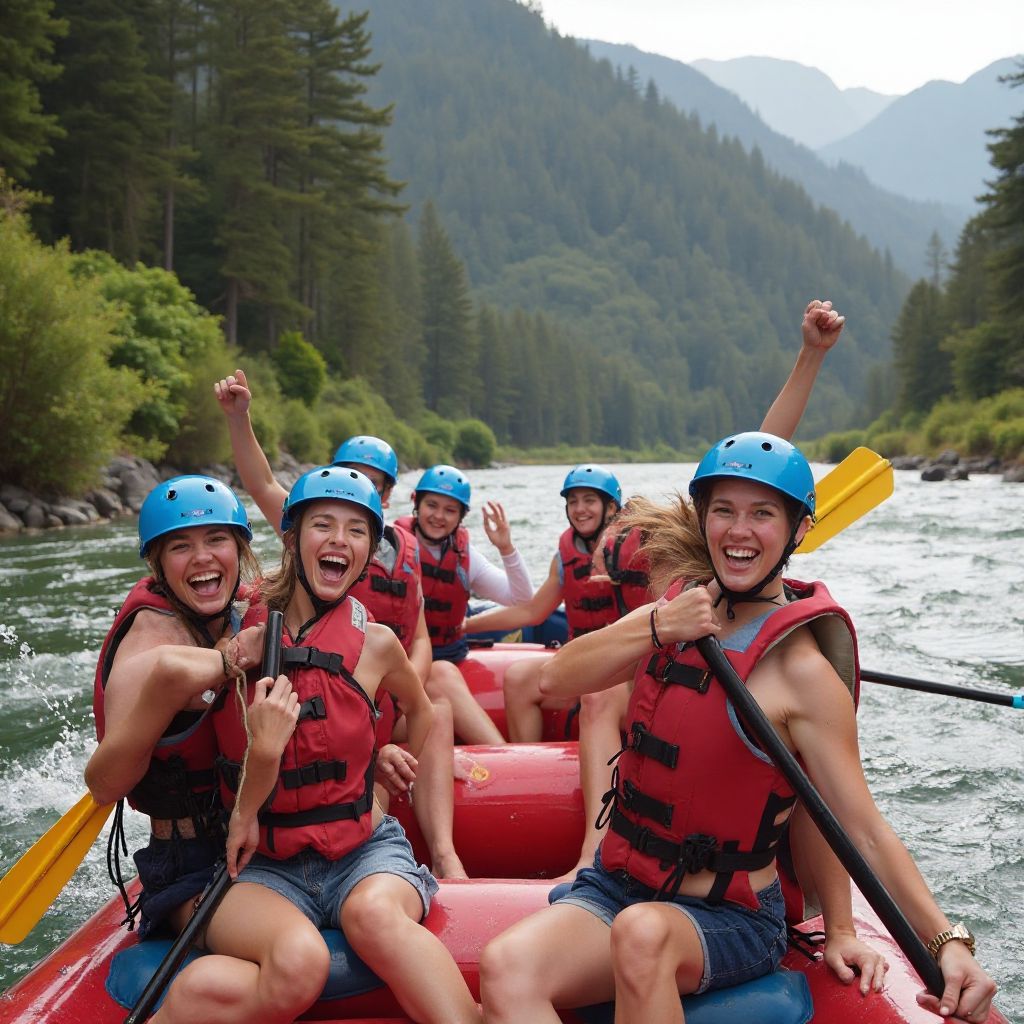 Friends whitewater rafting adventure