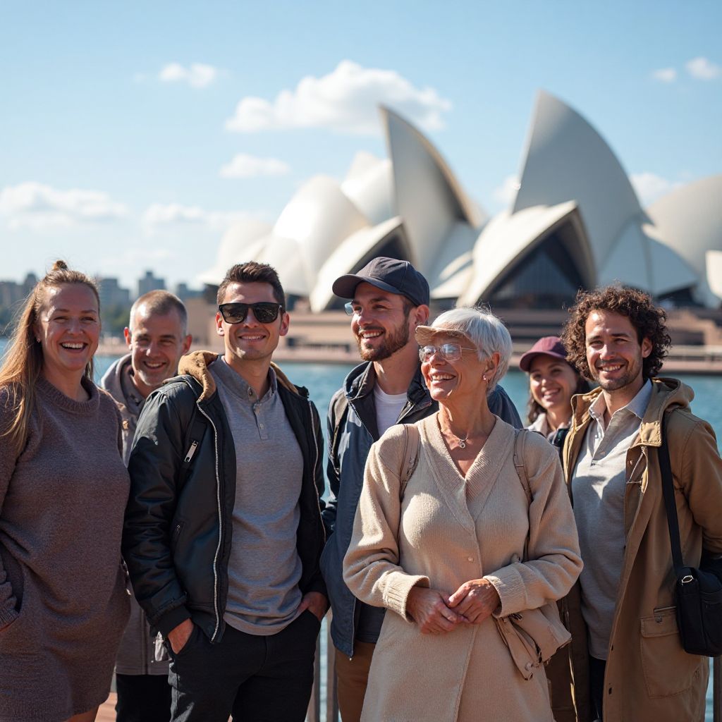 Professional Australian tour guide with happy tourists